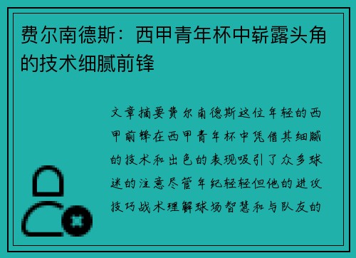费尔南德斯：西甲青年杯中崭露头角的技术细腻前锋