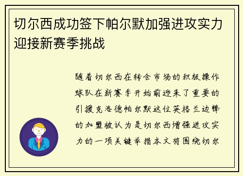 切尔西成功签下帕尔默加强进攻实力迎接新赛季挑战 切尔西成功签下帕尔默加强进攻实力迎接新赛季挑战